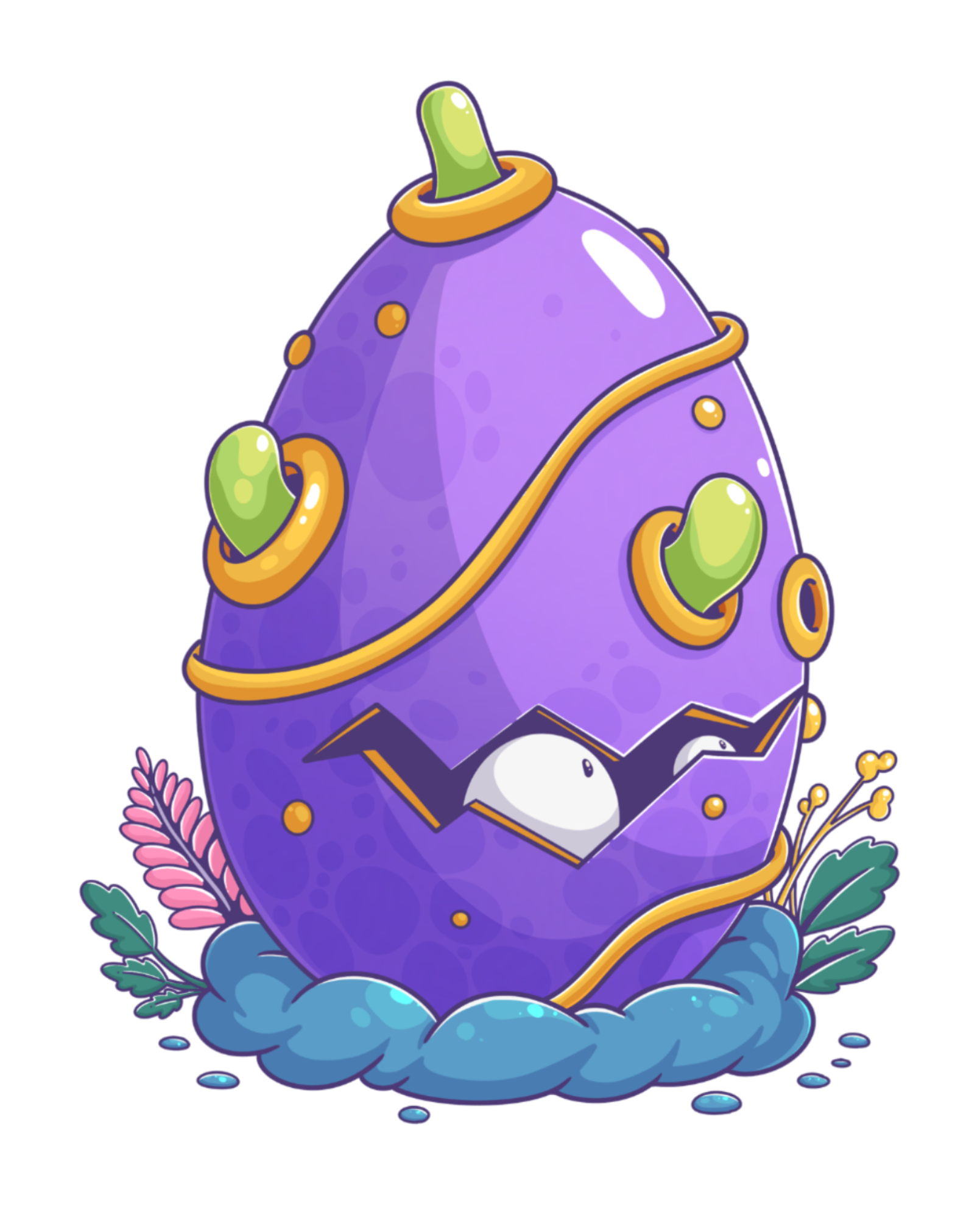 A purple Genesis Bugz egg surrounded by colorful alien plants